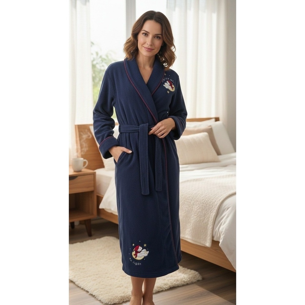 Delicates Womens Fleece Robe Small Sleepy Bear Moon Stars Embroidered Cozy‎ Warm